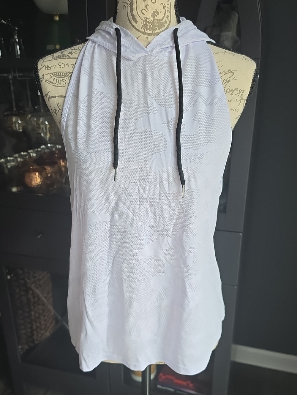 White Hooded Sleeveless Tank Top with Black Drawstrings